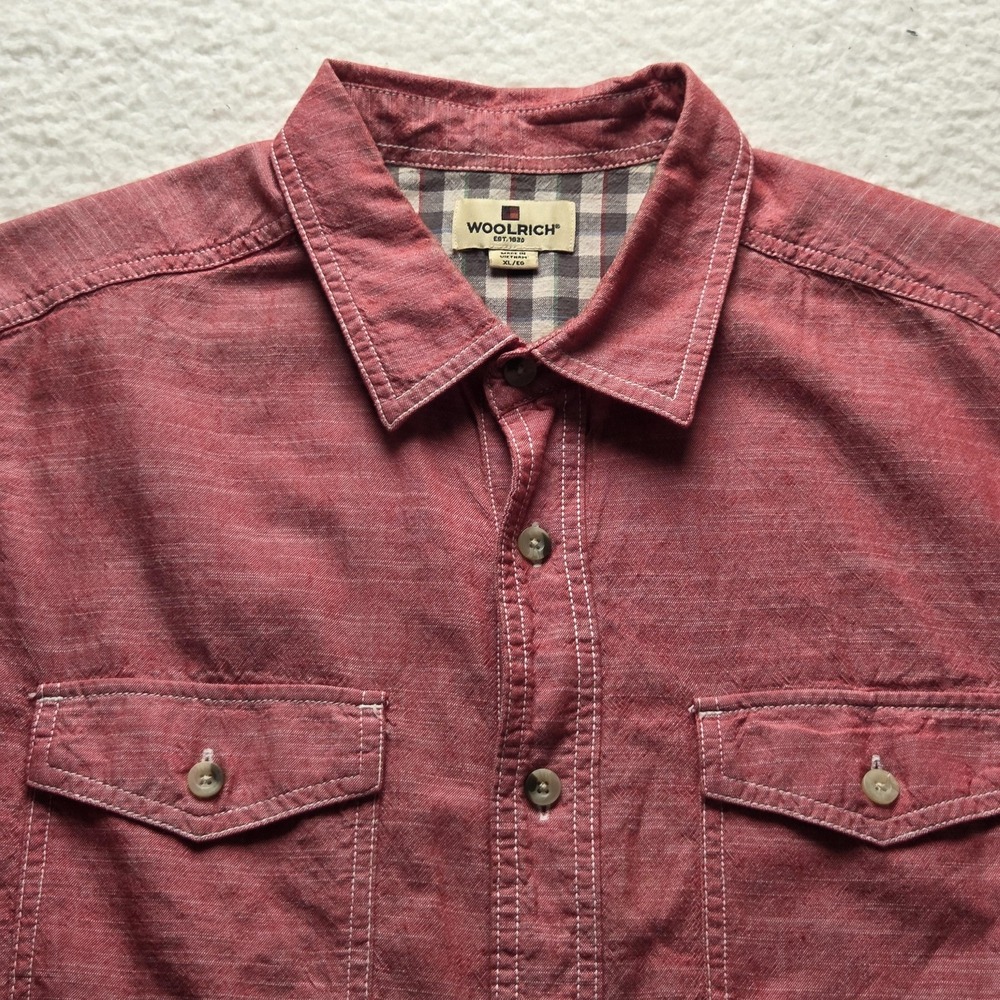 Woolrich Shirt Mens XL Red Solid Short Sleeve Cotton Button-Up Pockets Casual